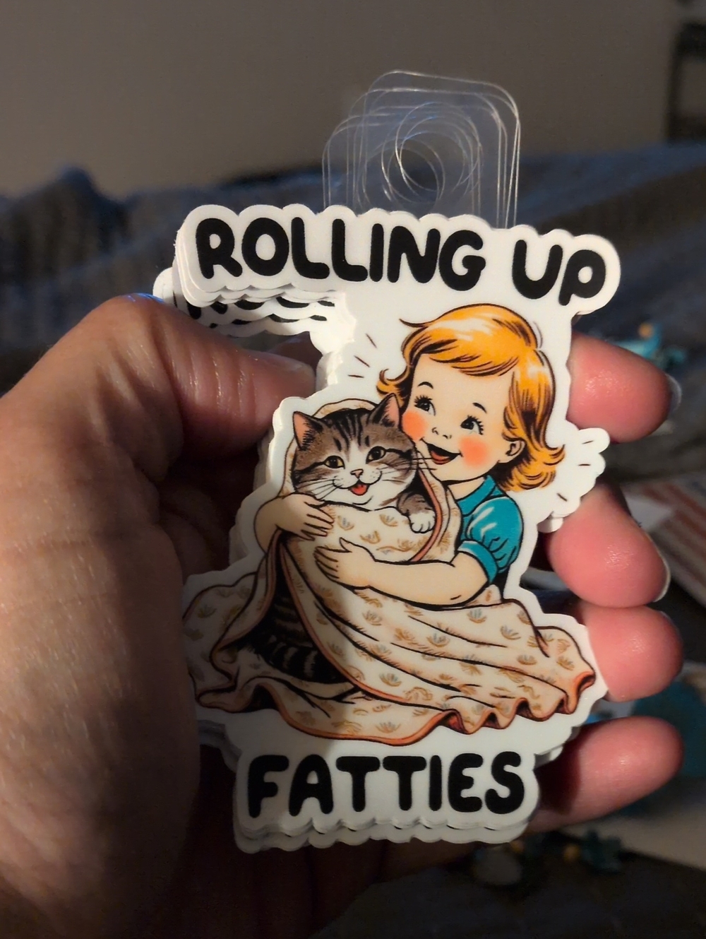 Rolling Up Fatties‎ Vintage-Style Cat Art Print - White, Teal, Orange